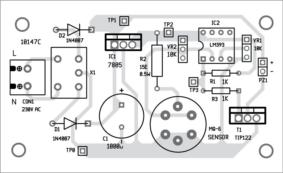 Component layout of the PCB for LPG gas leakage detector