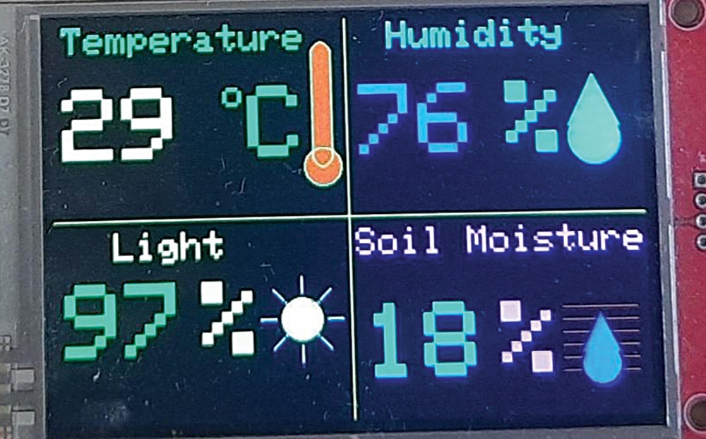 TFT LCD monitor showing sensor data