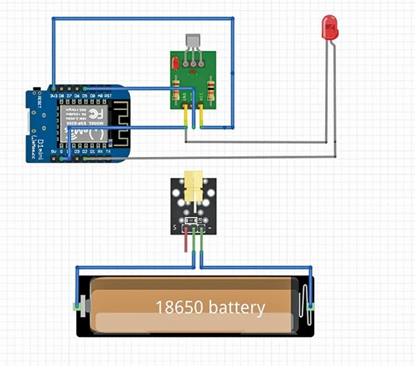 WeMos D1 mini (MOD1), Laser transmitter, Optical receiver, 18650 rechargeable batteries (3.7V) Connection